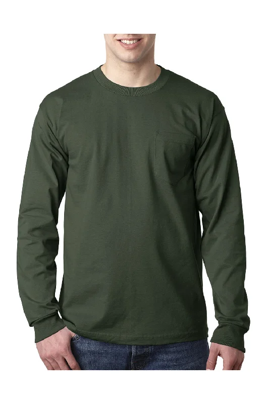 trendy short sleeve polo shirts for men -Bayside Mens USA Made Long Sleeve Crewneck T-Shirt w/ Pocket - Forest Green