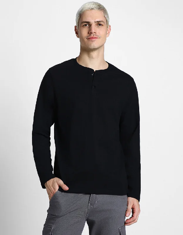 short sleeve shirts with modern designs for men -Henley Black Solid Tshirt