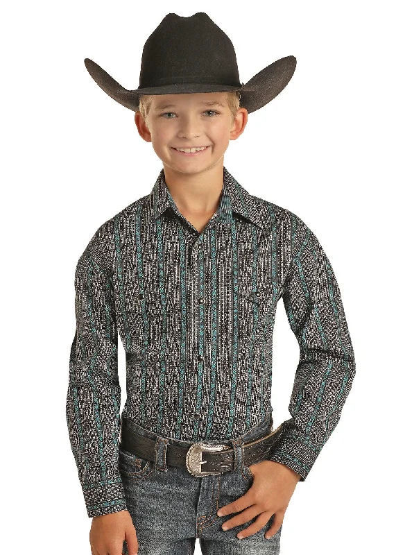 trendy short sleeve t-shirts with modern cuts -Panhandle Select Boys Teal and Black Snap Up Western Shirt C0S1604