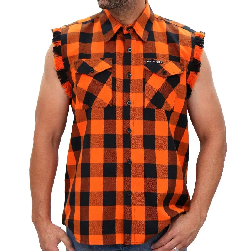 affordable short sleeve t-shirts for men’s active wear -Hot Leathers FLM5210 Men's Sleeveless Fringe Orange and Black Flannel Shirt