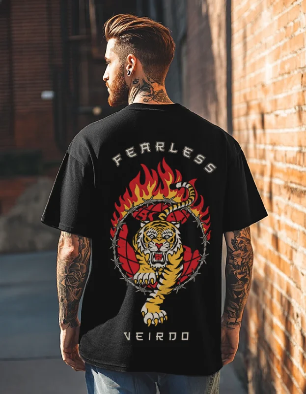 cool short sleeve shirts for everyday adventures -Fearless Black Oversized Back Graphic Printed Tshirt