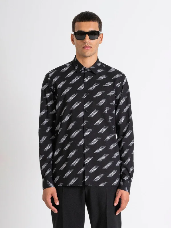 trendy short sleeve t-shirts for casual hangouts -Antony Morato Men Black Printed Spread Collar Full Sleeves Shirt