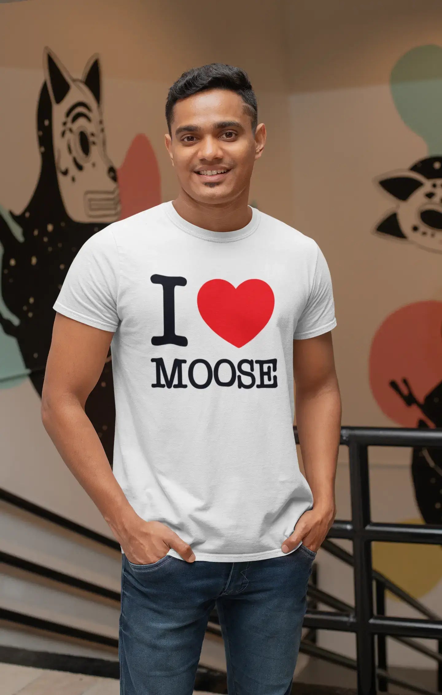 men’s relaxed fit short sleeve t-shirts -MOOSE, I love animals, White, Men's Short Sleeve Round Neck T-shirt 00064