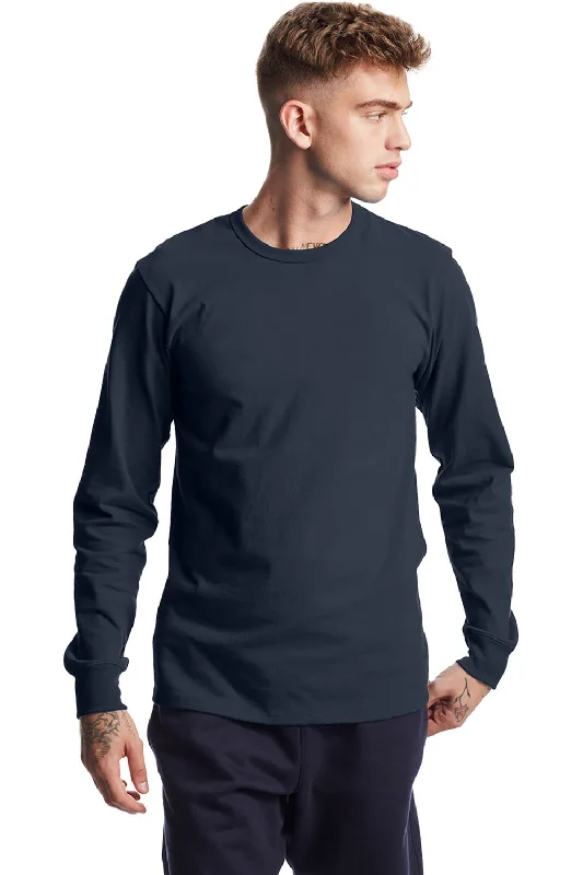 cool short sleeve shirts with bold logo designs -Champion Mens Heritage Long Sleeve Crewneck T-Shirt - Navy Blue - Closeout