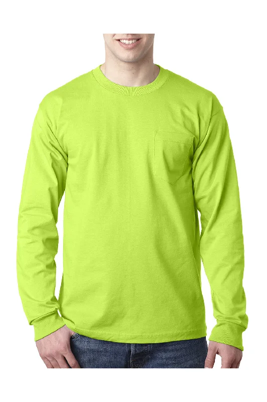 modern men’s short sleeve shirts for casual wear -Bayside Mens USA Made Long Sleeve Crewneck T-Shirt w/ Pocket - Lime Green