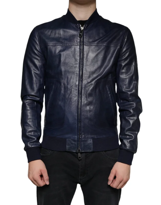 Men's quick-dry windbreaker jackets-Dolce & Gabbana  Lambskin Leather Full Zip Biker Men's Jacket