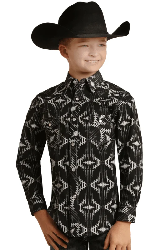 lightweight and breathable summer short sleeve shirts -Rock & Roll Cowboy Boy's Aztec Black Dale Snap Up Western Shirt RRBSOSR090