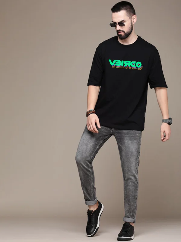 affordable short sleeve shirts for casual outings -VEIRDO Black Oversized Front Graphic Printed Tshirt