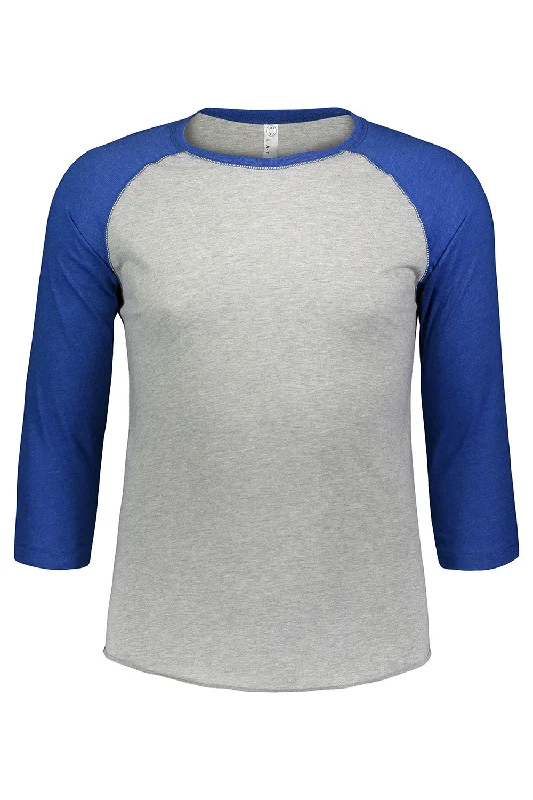 comfortable and breathable short sleeve t-shirts for work -LAT Mens Fine Jersey Baseball 3/4 Sleeve Crewneck T-Shirt - Heather Grey/Vintage Royal Blue