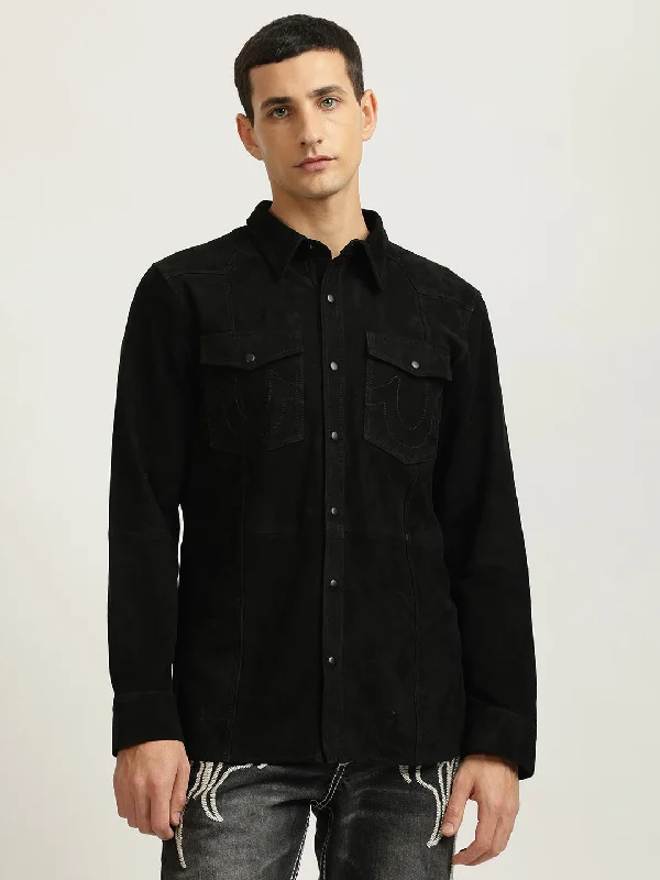 trendy short sleeve shirts for sports activities -True Religion Men Black Solid Spread Collar Full Sleeves Shirt