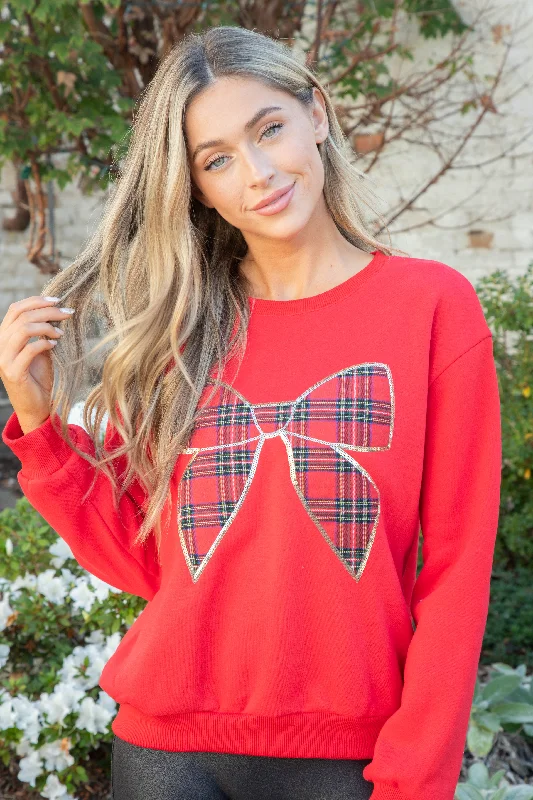 Hoodie with bold hem men-Christmas Plaid Bow Knit Sweatshirt, Red