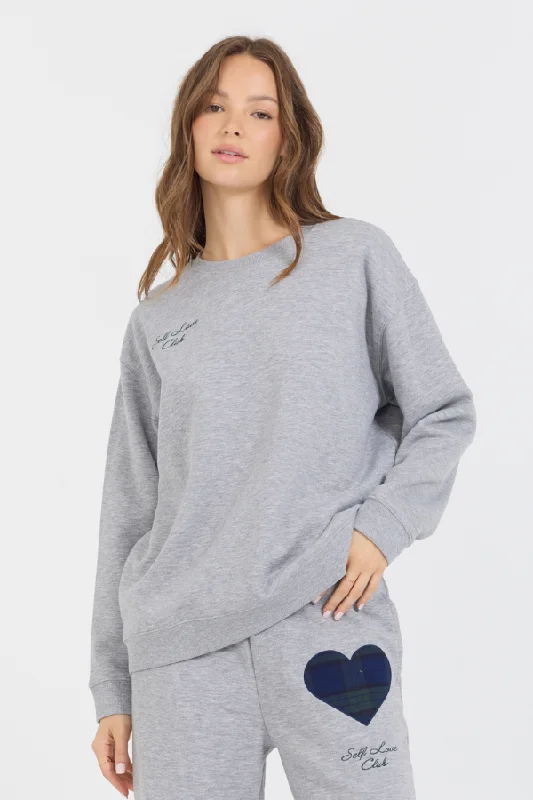 Men’s warm urban hoodie-Heather Grey Essential Fleece Crew W/ Self Love Club Crewneck