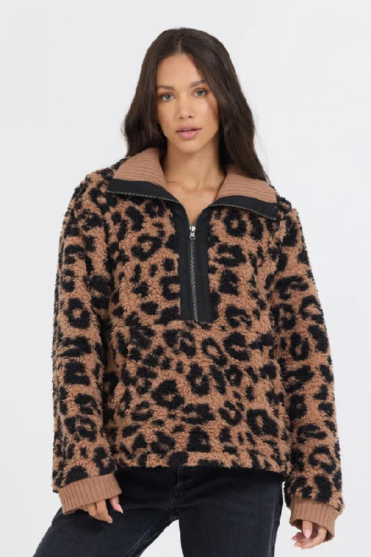 Men’s trendy black hoodie-Leopard Print Sherpa Quarter Zip