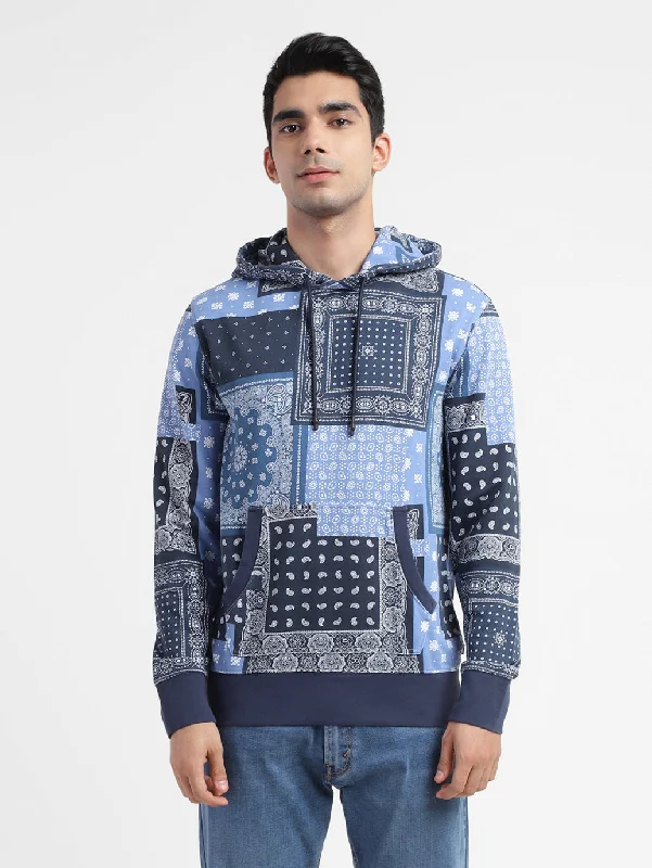 Men’s warm navy hoodie-Men's Ethnic Motifs Hooded Sweatshirt