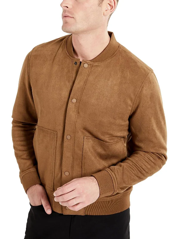 Men's velour fleece jackets-Mens Faux Suede Ribbed Trim Bomber Jacket