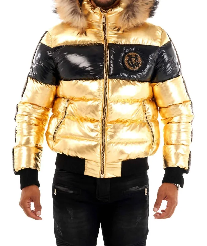 Men's thick puffer jackets-Men's Rhinestone Puff Fur Coat In Gold/black