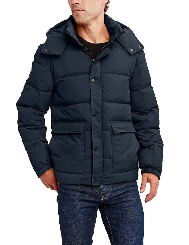 Men's patched denim jackets-Men's Water And Wind Resistant Hooded Puffer Jacket In Navy Blue