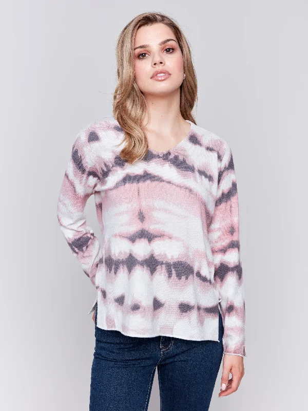 Printed V-Neck Sweater - Woodrose