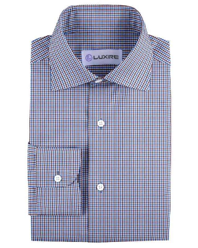 Men's weathered shirts-Blue Brown White Gingham Checks