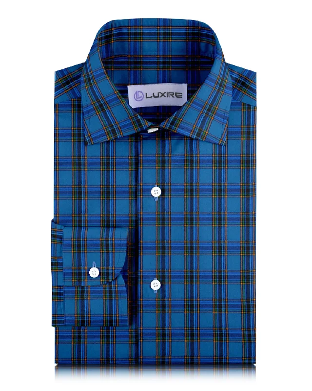 Men's mesa shirts-Blue Black Dark Orange Green Tartan Checks