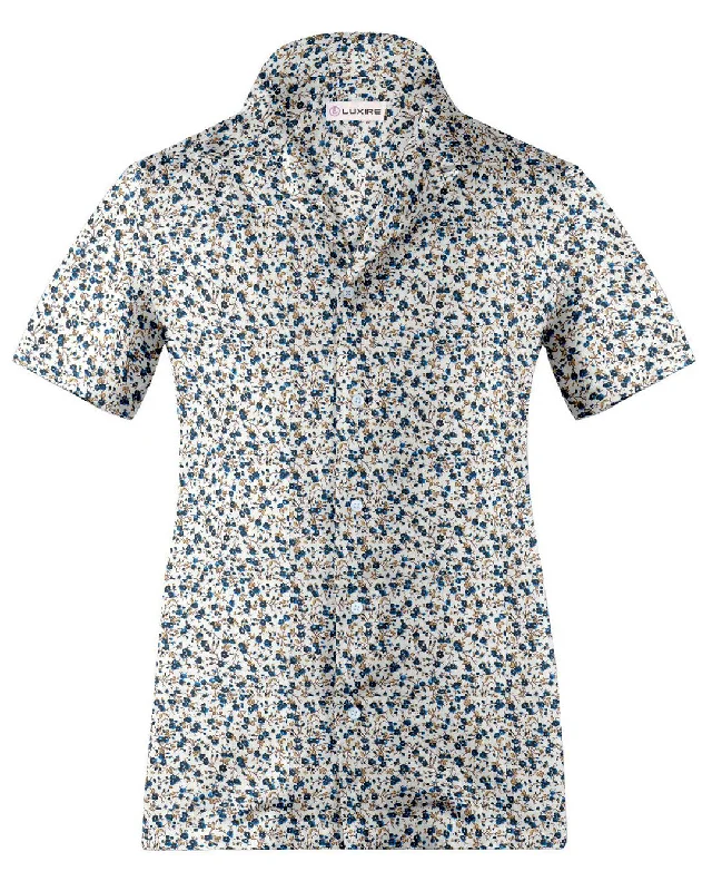 Men's crag shirts-Camp collar PRESET STYLE in Blue Fine Floral Prints on White