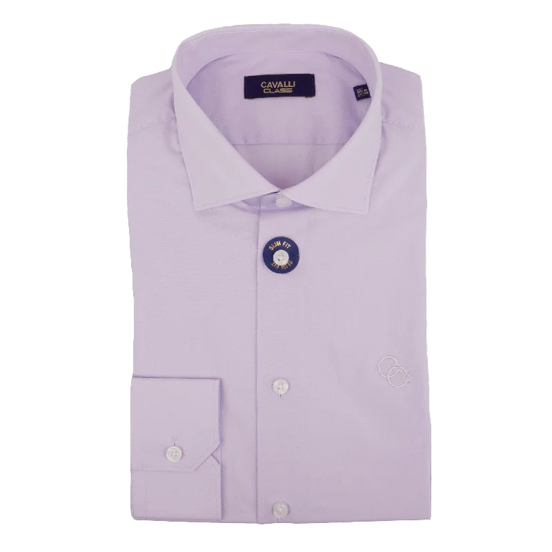 Men's adventure-worn shirts-Cavalli Class Mens Lilac Dress Shirts Long Sleeve With Emb