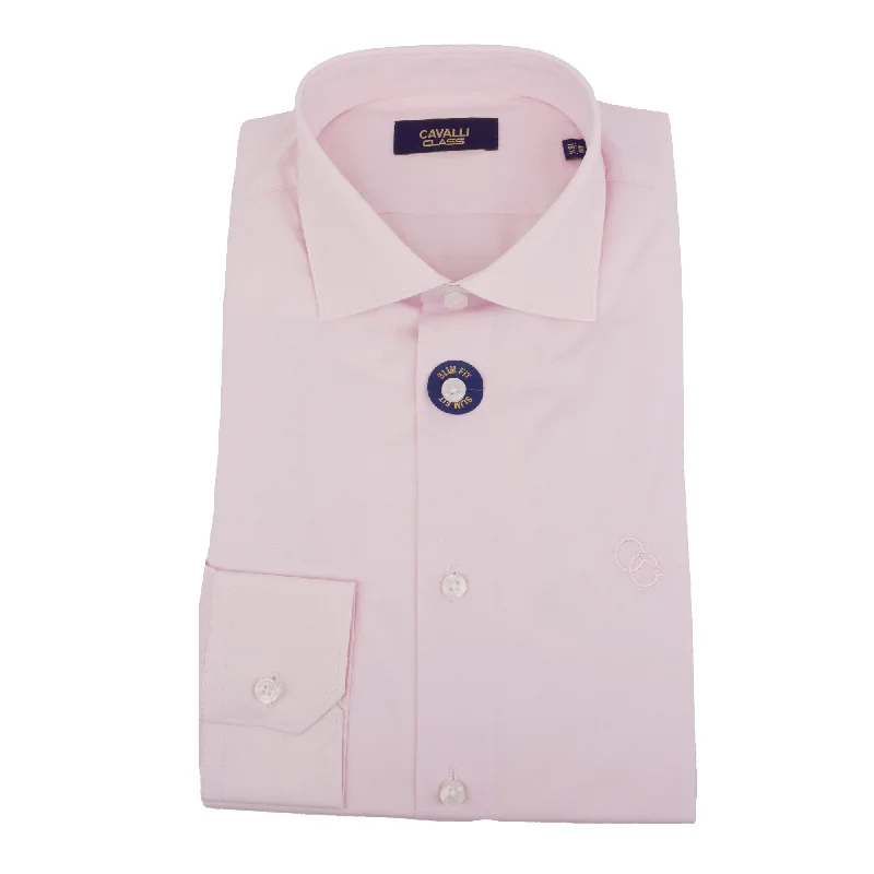 Men's rugged-edge shirts-Cavalli Class Mens Pink Dress Shirts Long Sleeve With Emb