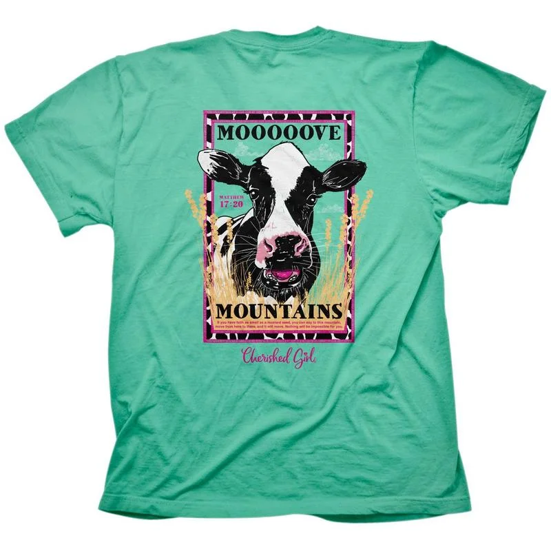 men’s affordable short sleeve shirts with bold prints -Cherished Girl Mooooove Mountains Cow Faith T-Shirt