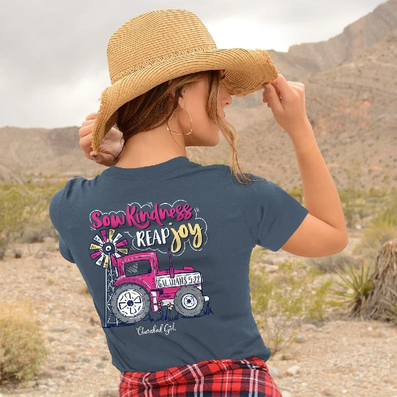 trendy short sleeve shirts with bold patterns -Cherished Girl Sow Kindness Reap Joy Tractor Girlie Christian Bright T Shirt