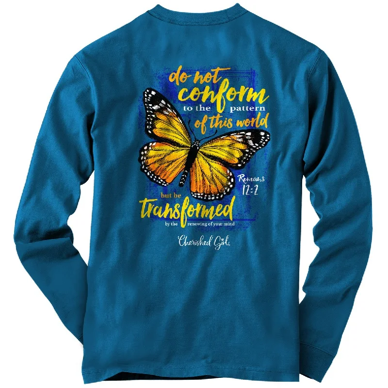 stylish short sleeve t-shirts for sports events -Cherished Girl Transformed Butterfly Faith Long Sleeve T-Shirt