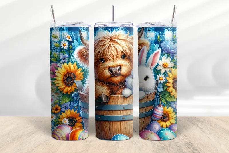 stylish short sleeve polo shirts for weekend wear -Easter Highland Cow and Bunny 20 oz Skinny Tumbler Cup With Straw