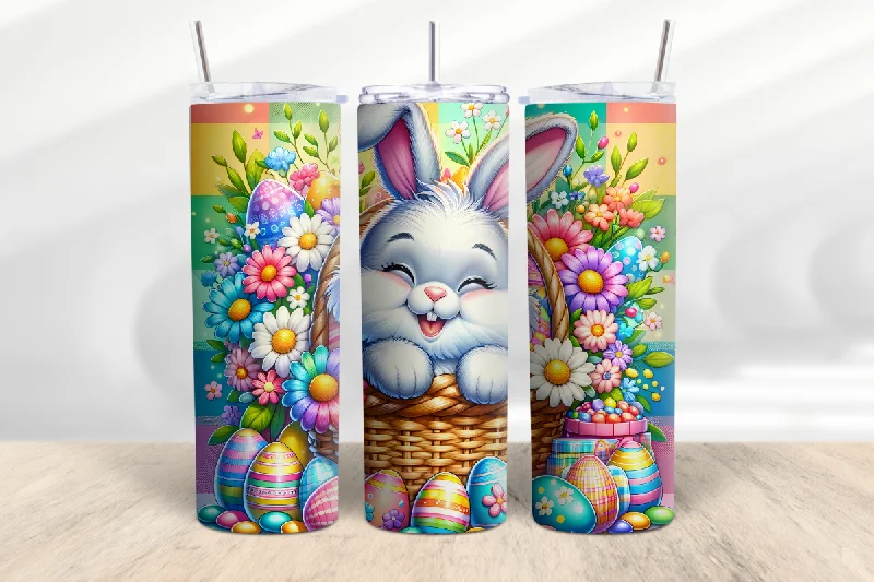 casual short sleeve t-shirts for everyday wear -Cute Easter Bunny in Basket 20 oz Skinny Tumbler Cup With Straw