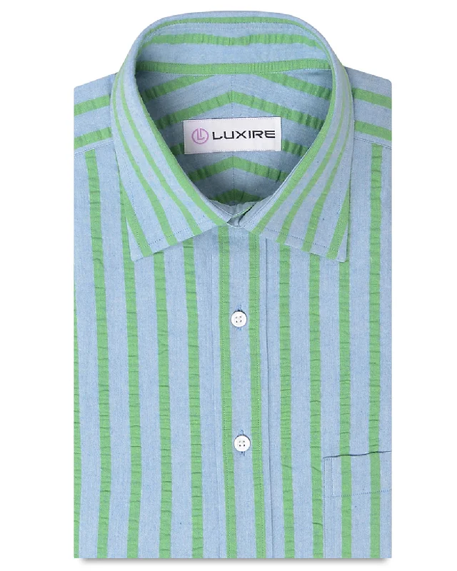 Men's upbeat shirts-Cotton Blue Green Seersucker