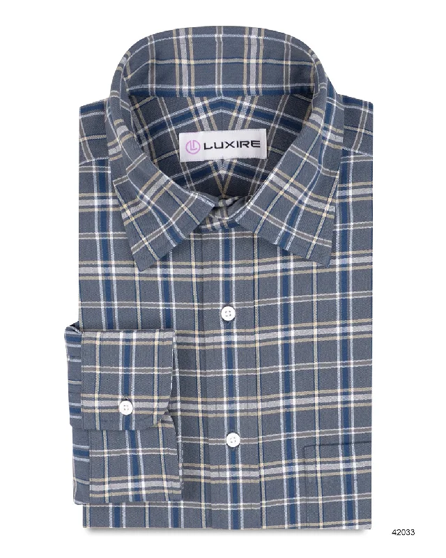 Men's moose shirts-Grey Navy Cream Tartan Checks Oxford