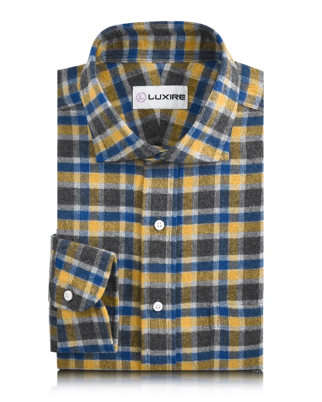 Men's space shirts-Yellow Blue Grey Herringbone Checks Work Shirt