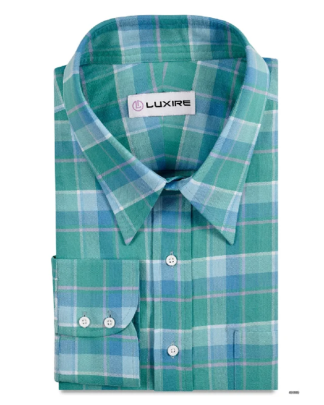 Men's natural-dye shirts-Cyan Blue and Green Checks