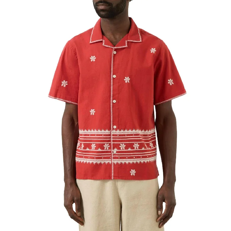 Men's heat shirts-Didcot Daisy Embroidery Shirt In Red/ecru