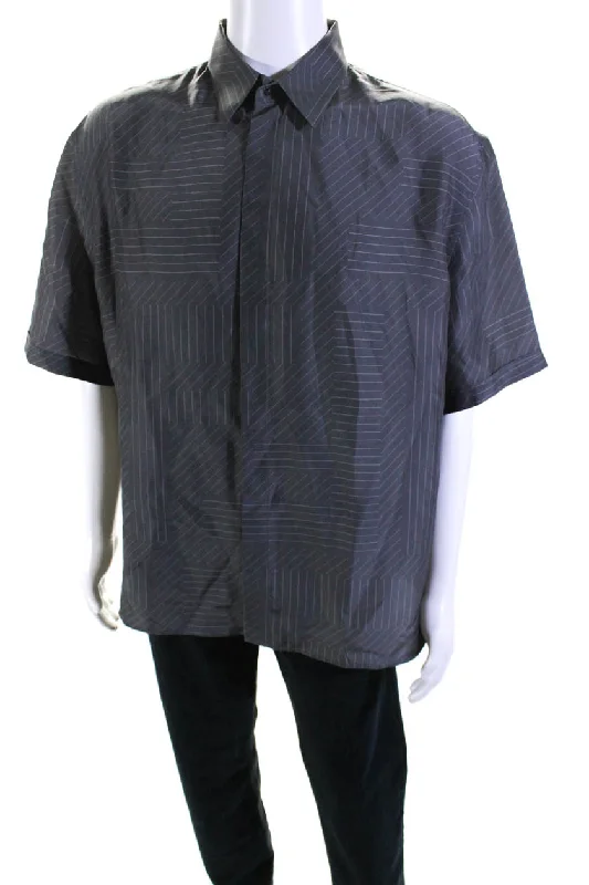 Men's oasis shirts-Fendi Mens Silk FF Shadow Pinstripe Short Sleeve Button Up Shirt Gray