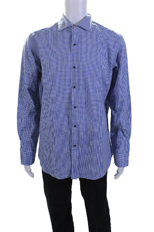 Men's refresh shirts-Giannetto Mens Cotton Blend Blue Plaid Long Sleeve Button Down Dress Shirt