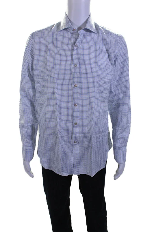 Men's comfort-first shirts-Giannetto Mens Cotton Blue Plaid Long Sleeve Button Down Dress Shirt