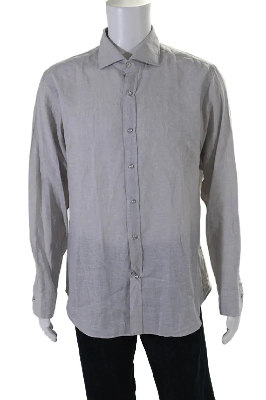 Men's retreat shirts-Giannetto Mens Linen Blend Light Gray Long Sleeve Button Down Dress Shirt