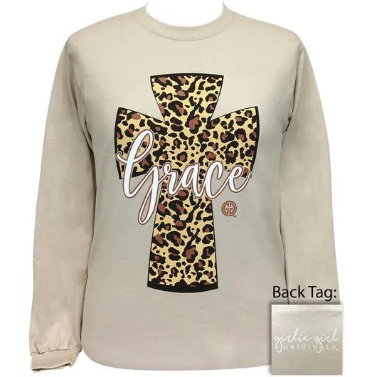 men’s trendy short sleeve shirts for evening wear -Girlie Girl Originals Preppy Grace Leopard Cross Long Sleeve T-Shirt