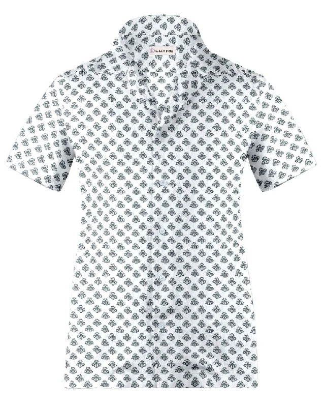 Men's spring-inspired shirts-Camp collar PRESET STYLE in Linen:Black Flowers Printed on White Linen