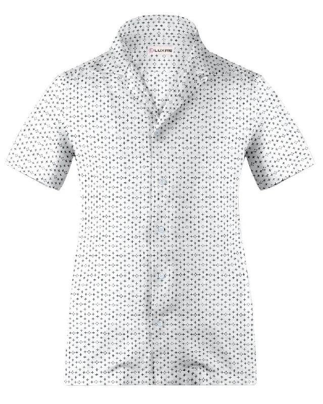 Men's brook shirts-Camp collar PRESET STYLE in Linen: Black Printed Positivity On White