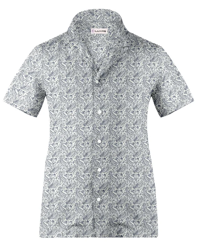 Men's gravel shirts-Camp collar PRESET STYLE in Linen: Navy Printed Paisley