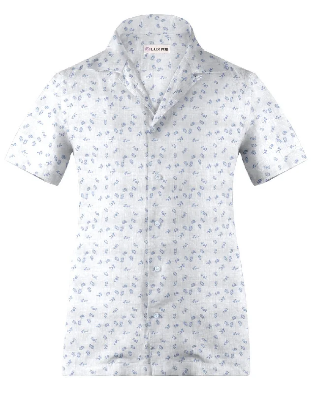 Men's swell shirts-Camp collar PRESET STYLE in Linen: Pale Blue Printed Leaves On White