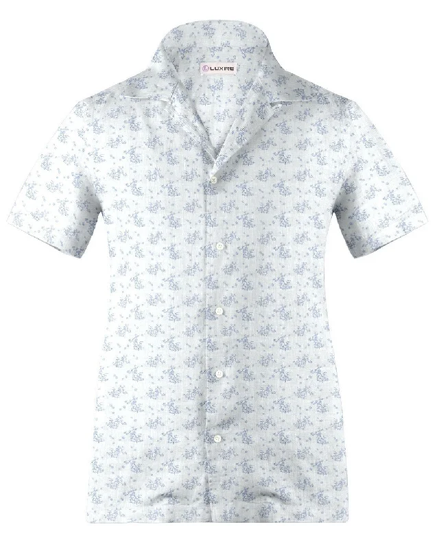 Men's gulf shirts-Camp collar PRESET STYLE in Linen: Pale Blue Printed shrubs On White