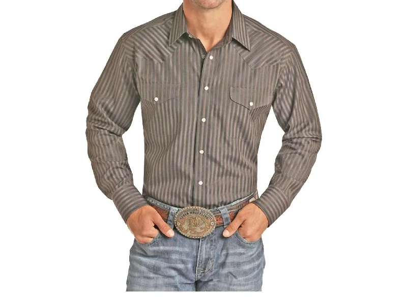 Men's attention-grabbing shirts-Men's Satin Dobby Stripe Western Snap Long Sleeve Shirt In Black Brown Stripe