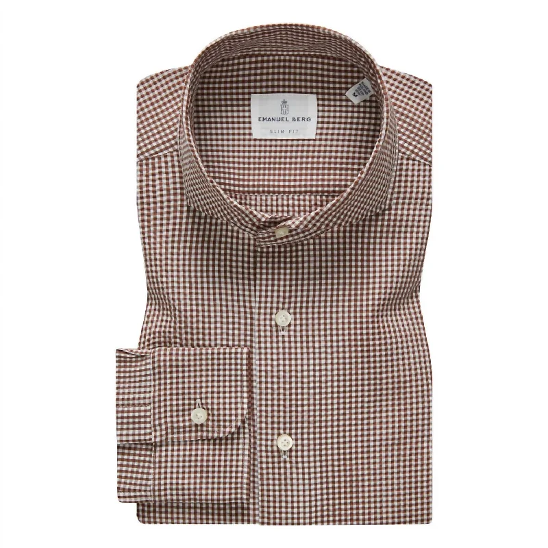 Men's mist shirts-Mf Brown Check Cotton Crinkle Dress Shirt In Brown/white