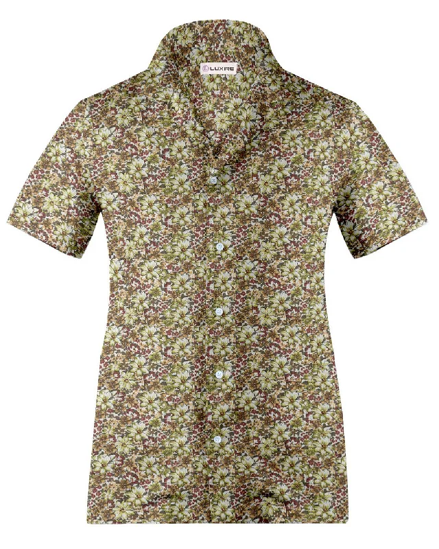 Men's mesa shirts-Camp collar PRESET STYLE in Olive Green Maroon prints on White